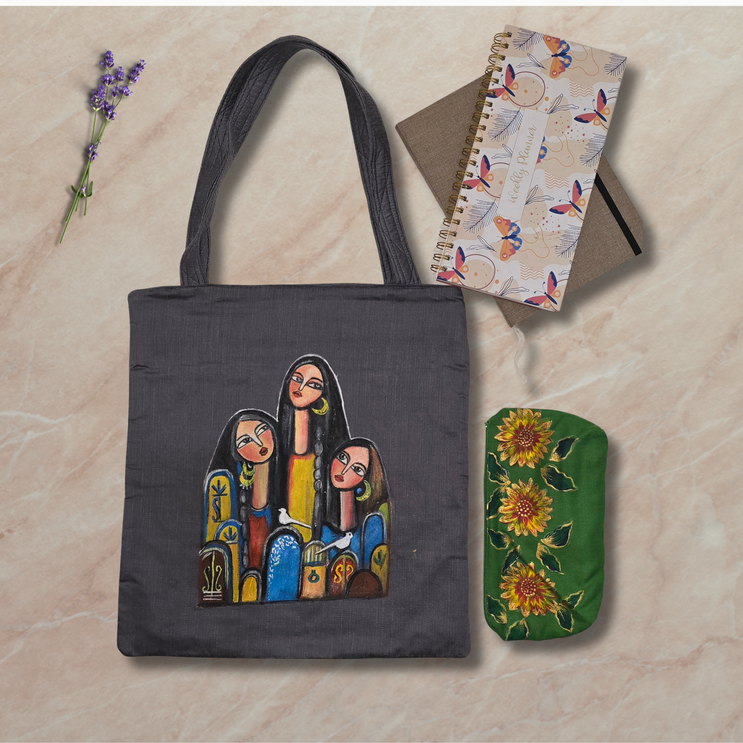 “Artisan Tote Bag – Hand-Painted Semi Silk Fabric, Handcrafted Woman Portrait Art, Eco-Friendly Tote”