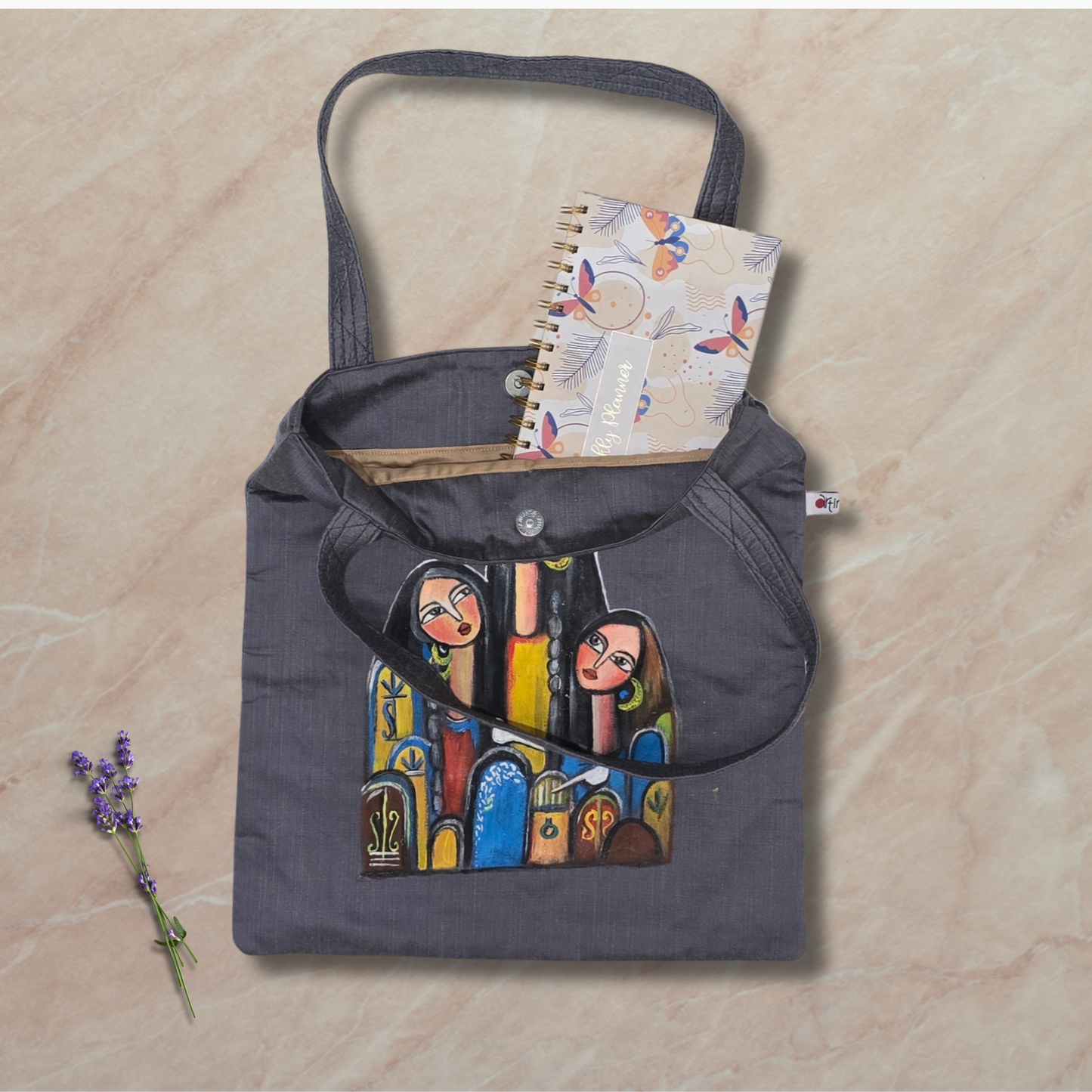 “Artisan Tote Bag – Hand-Painted Semi Silk Fabric, Handcrafted Woman Portrait Art, Eco-Friendly Tote”