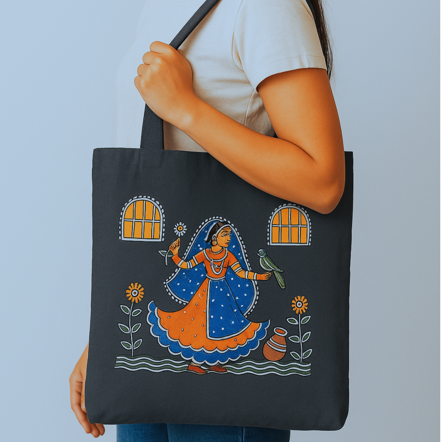 Hand-Painted Tikuli Art Tote Bag | Semi Silk Fabric | Indian Folk Art