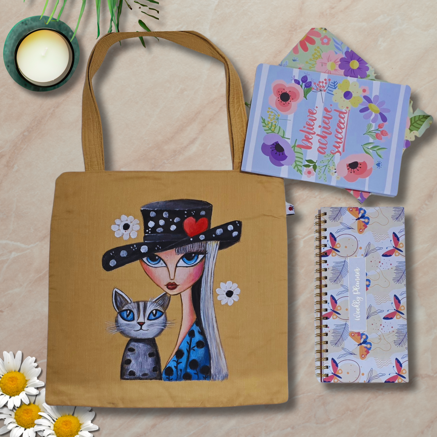 “Handcrafted Tote Bag – Semi Silk Fabric with Girl and Cat Hand-Painted Art | Artisan Eco-Friendly Tote”