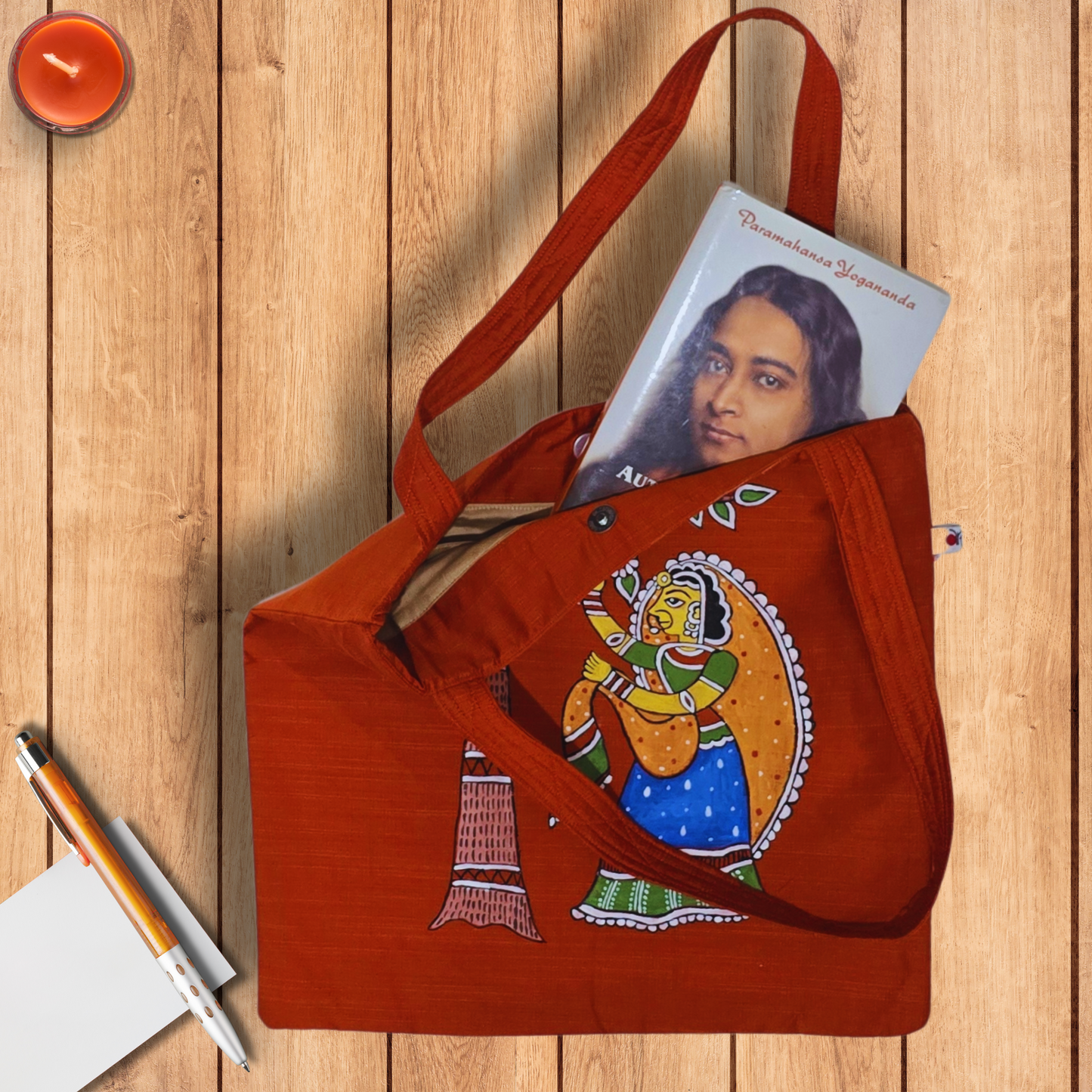 Handcrafted Tote Bag – Semi Silk Fabric with Traditional Tikuli Art Lady Painting | Artisan Hand-Painted Tote”
