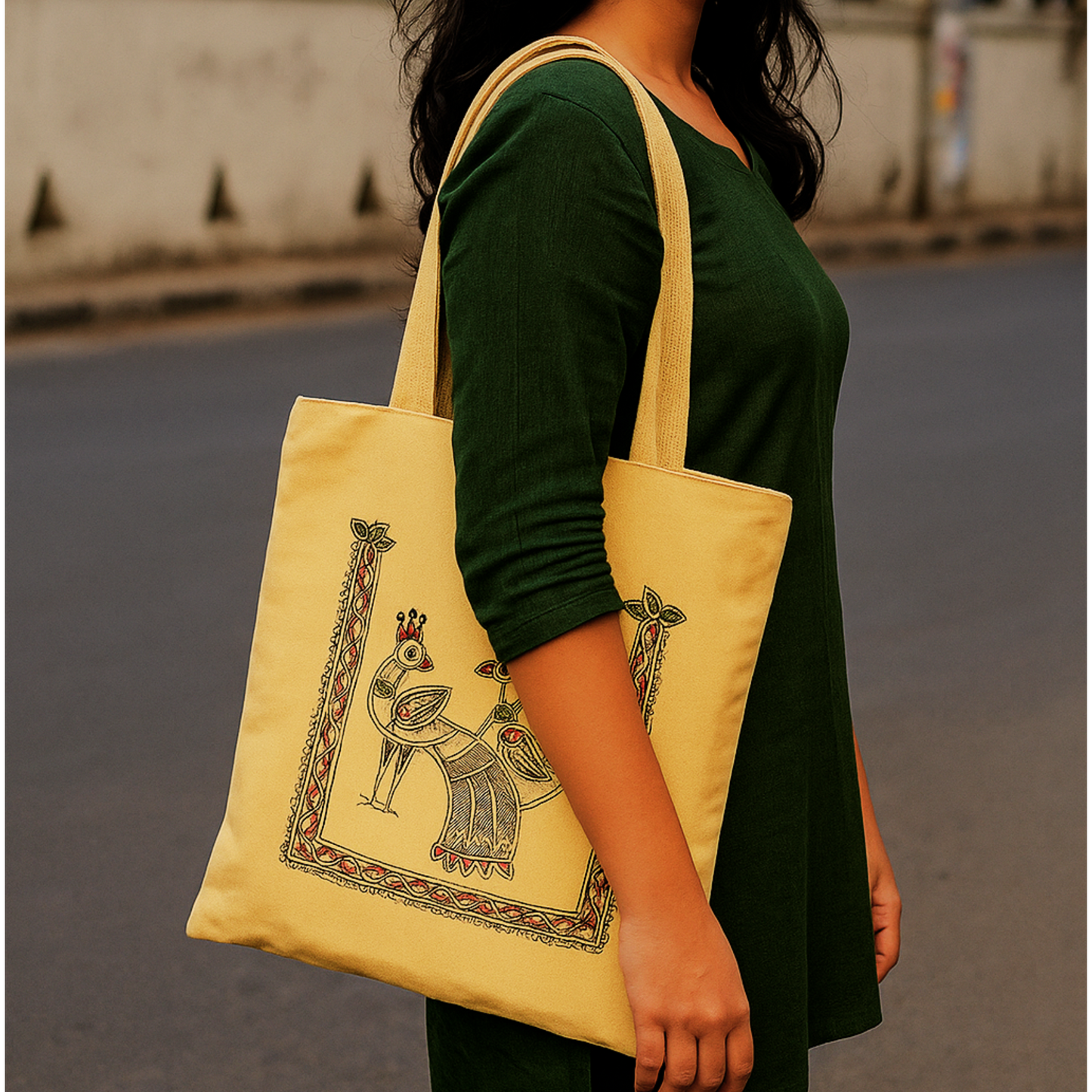 Hand-Painted Tikuli Art Peacock Tote Bag in Semi-Silk Fabric | Traditional Indian Art Bag