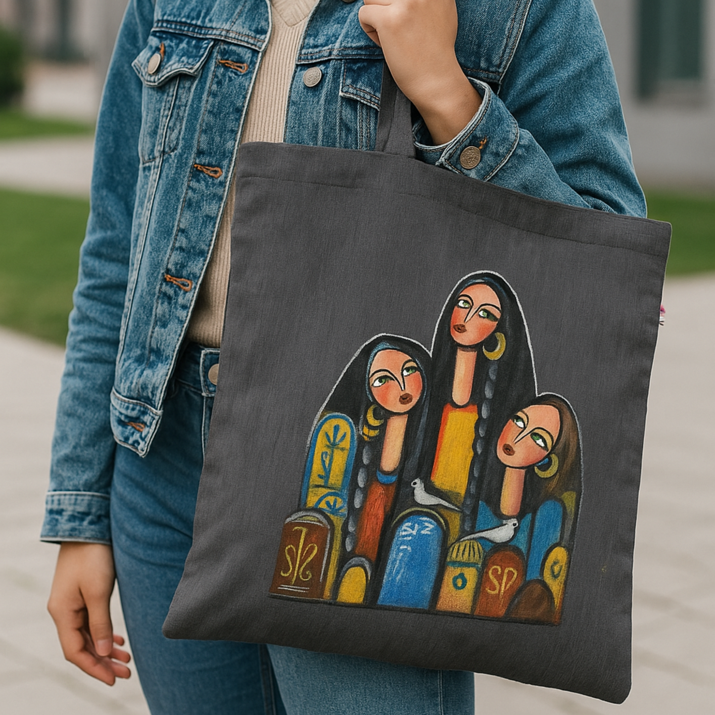 “Artisan Tote Bag – Hand-Painted Semi Silk Fabric, Handcrafted Woman Portrait Art, Eco-Friendly Tote”