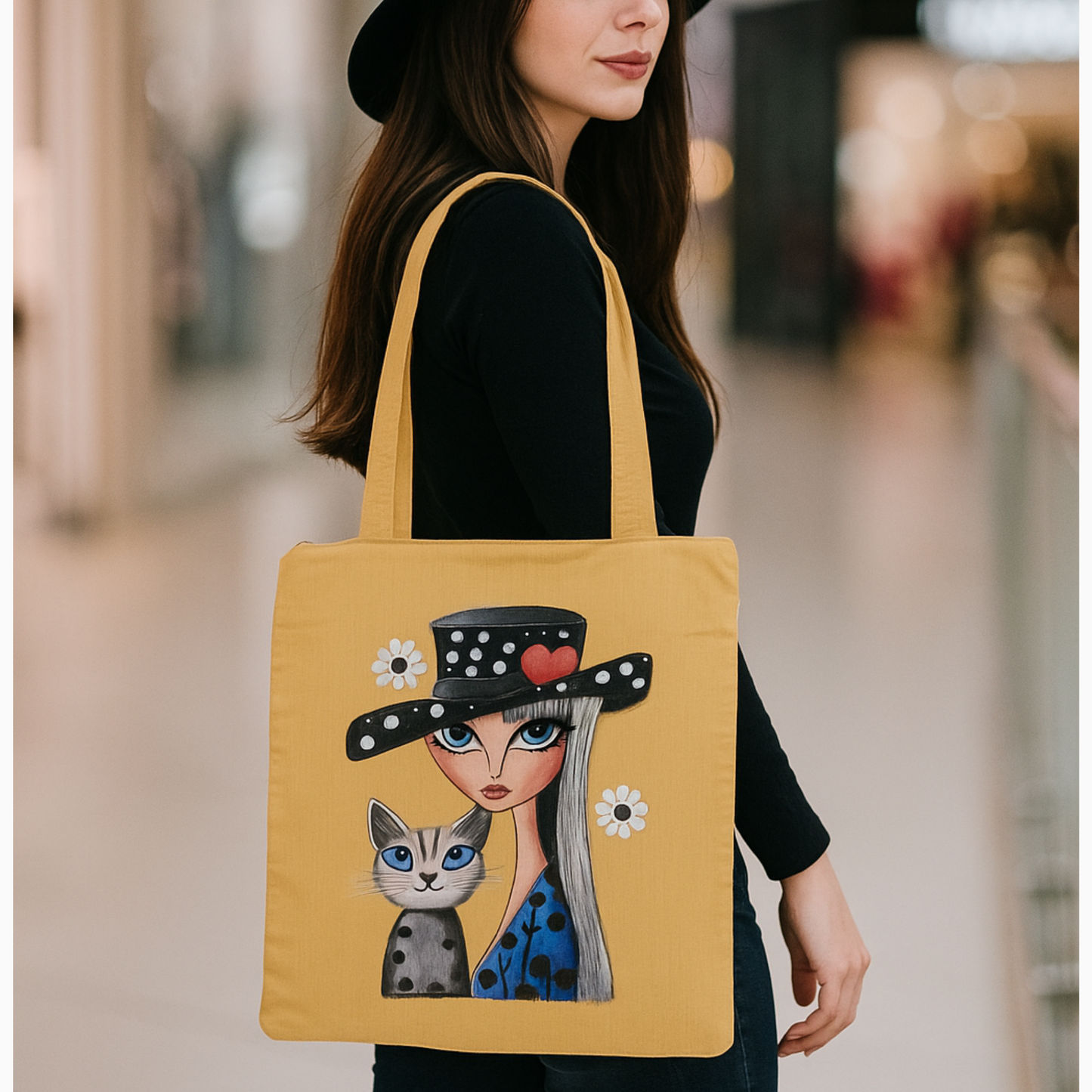 “Handcrafted Tote Bag – Semi Silk Fabric with Girl and Cat Hand-Painted Art | Artisan Eco-Friendly Tote”