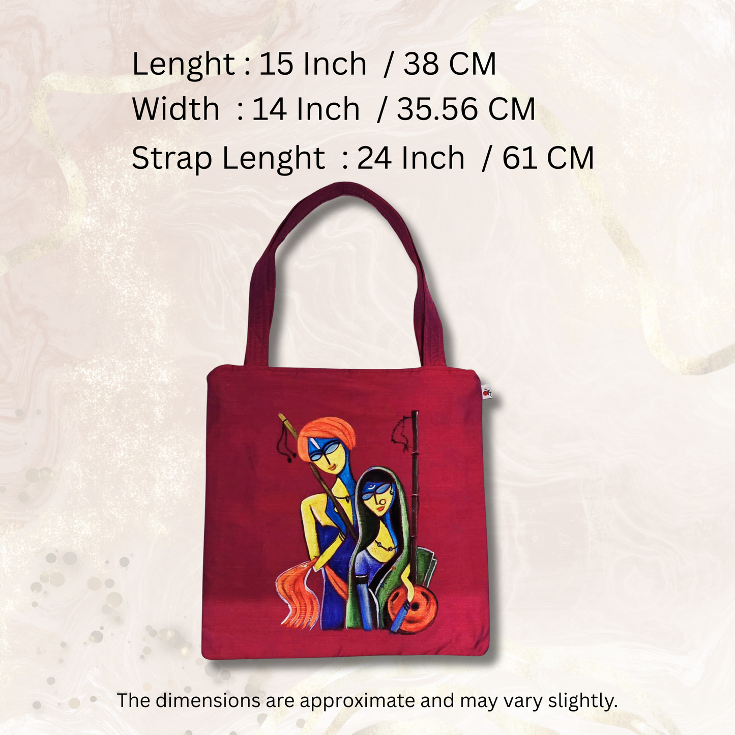 "Radha Krishna Hand-Painted Tote Bag – Artisan Semi Silk Fabric | Eco-Friendly Handcrafted Bag"