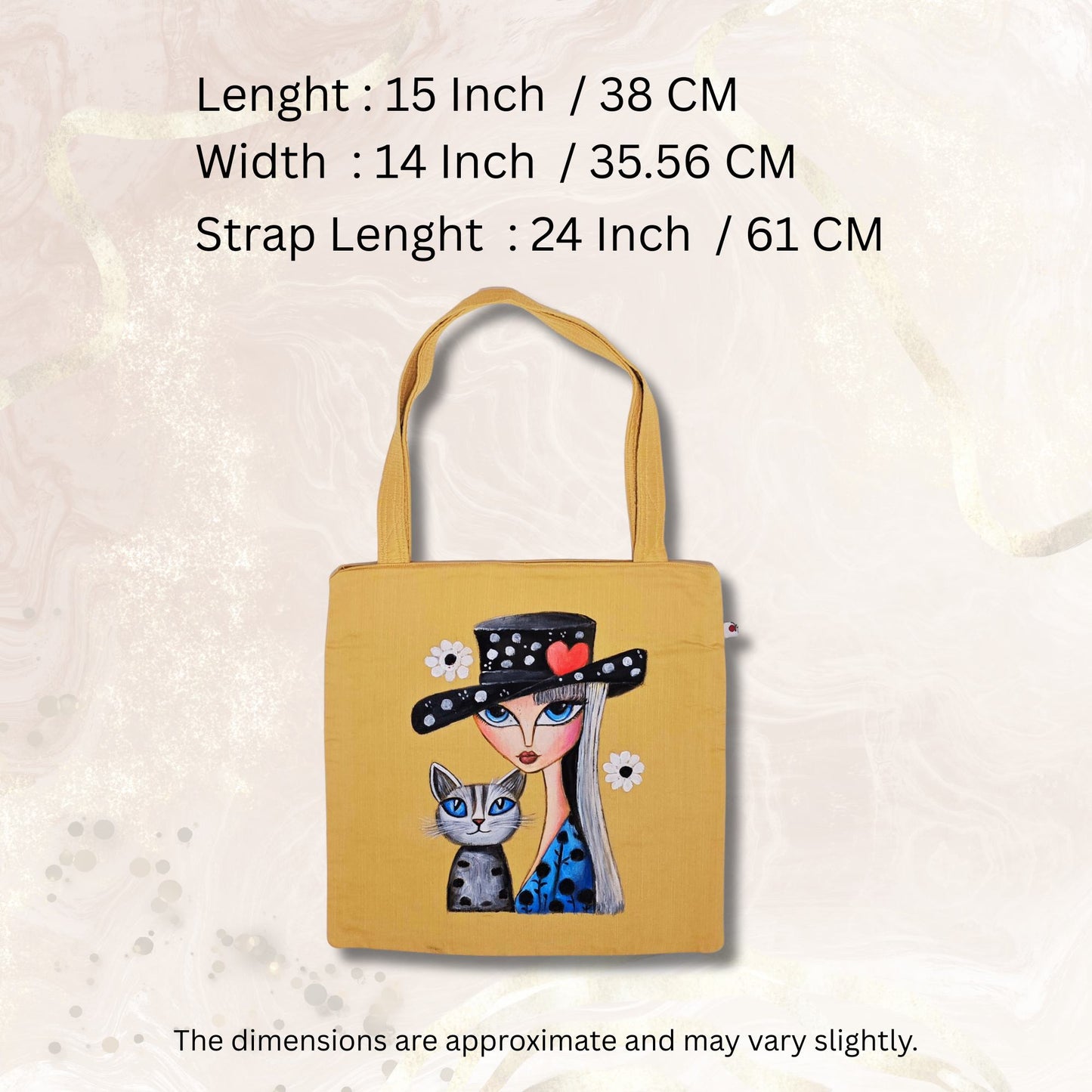 “Handcrafted Tote Bag – Semi Silk Fabric with Girl and Cat Hand-Painted Art | Artisan Eco-Friendly Tote”