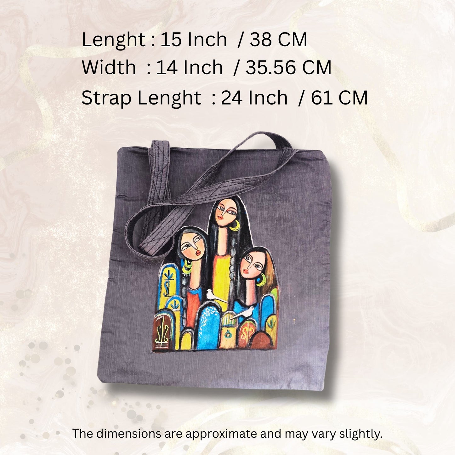 “Artisan Tote Bag – Hand-Painted Semi Silk Fabric, Handcrafted Woman Portrait Art, Eco-Friendly Tote”