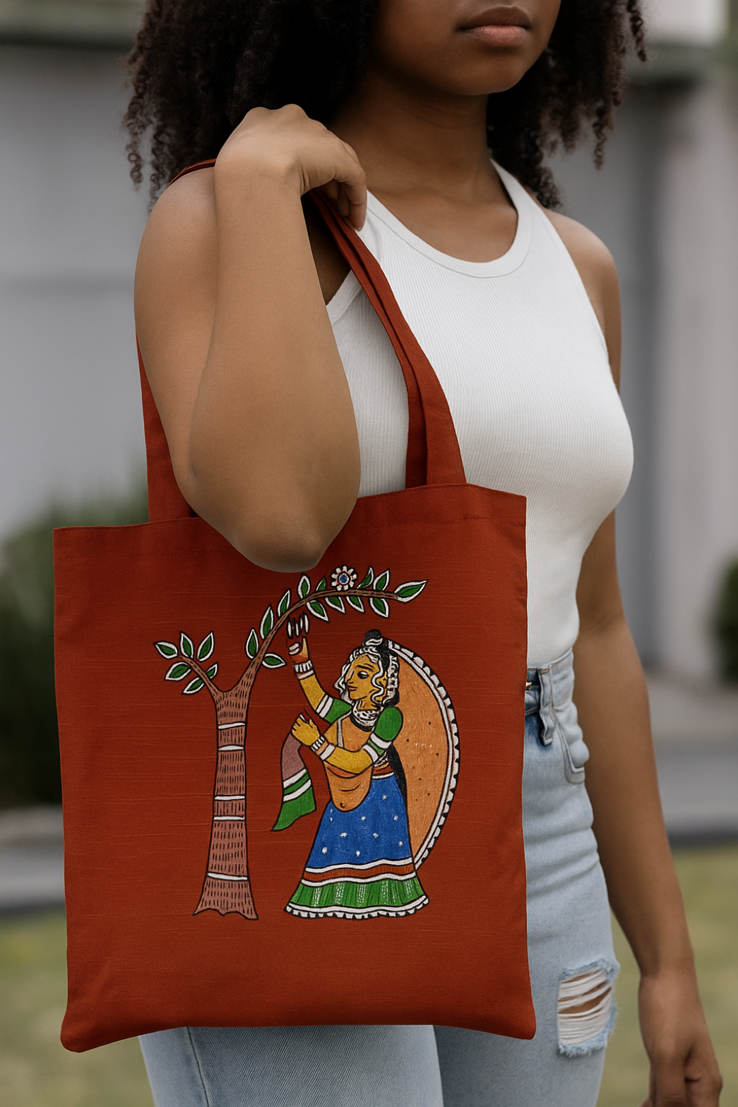 Handcrafted Tote Bag – Semi Silk Fabric with Traditional Tikuli Art Lady Painting | Artisan Hand-Painted Tote”