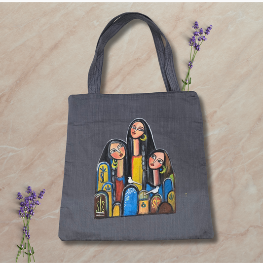 “Artisan Tote Bag – Hand-Painted Semi Silk Fabric, Handcrafted Woman Portrait Art, Eco-Friendly Tote”
