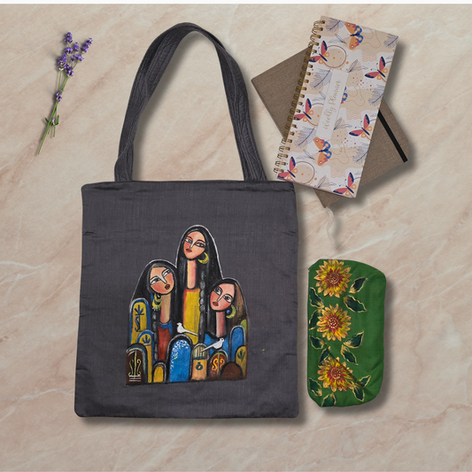 “Artisan Tote Bag – Hand-Painted Semi Silk Fabric, Handcrafted Woman Portrait Art, Eco-Friendly Tote”