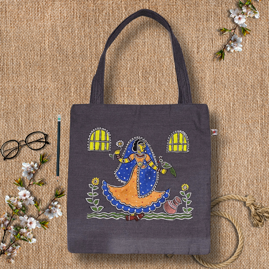 Hand-Painted Tikuli Art Tote Bag | Semi Silk Fabric | Indian Folk Art