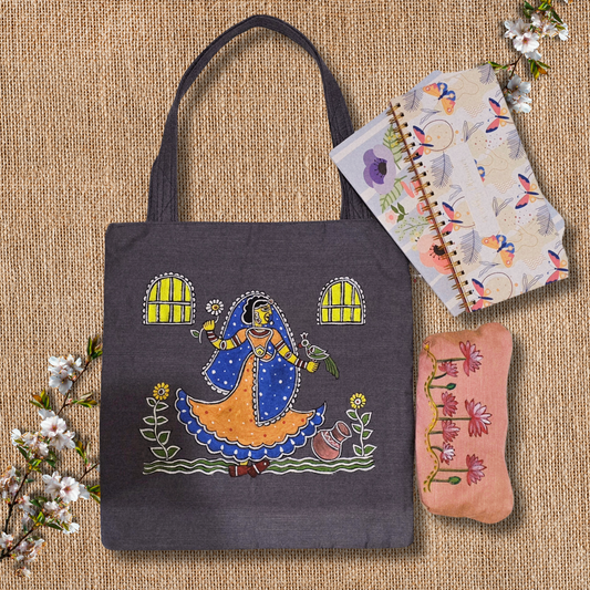 Hand-Painted Tikuli Art Tote Bag | Semi Silk Fabric | Indian Folk Art
