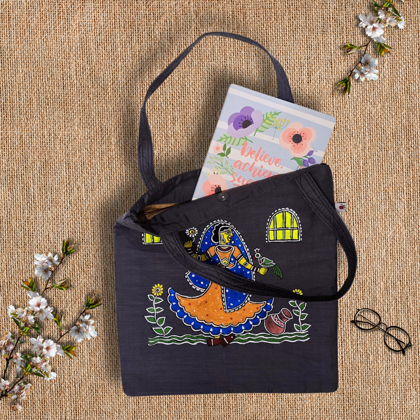 Hand-Painted Tikuli Art Tote Bag | Semi Silk Fabric | Indian Folk Art