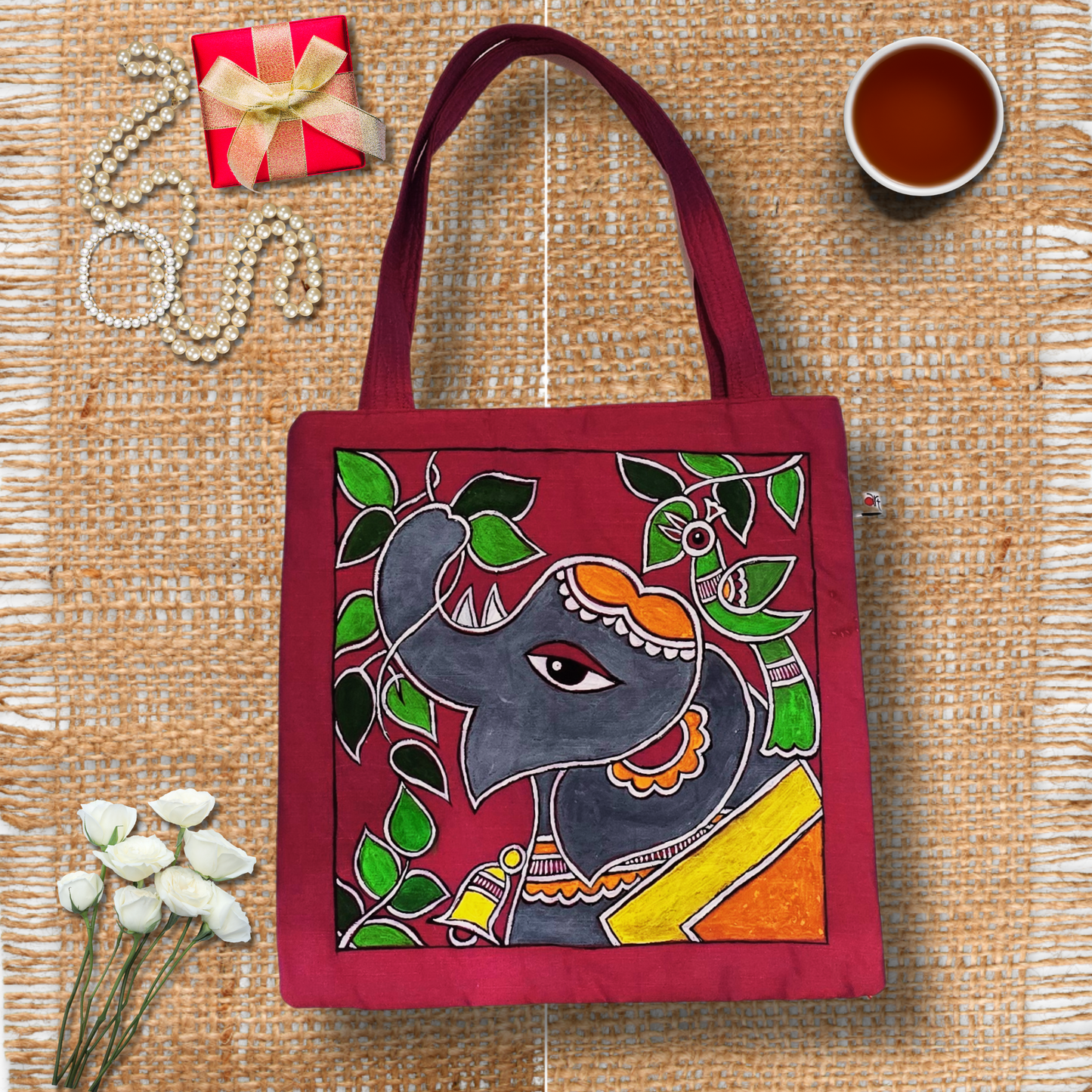 Hand-Painted Elephant Tote Bag – Tikuli Art on Semi Silk Fabric | Eco-Friendly Artisan Tote