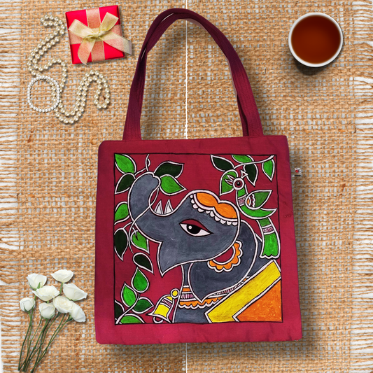 Hand-Painted Elephant Tote Bag – Tikuli Art on Semi Silk Fabric | Eco-Friendly Artisan Tote