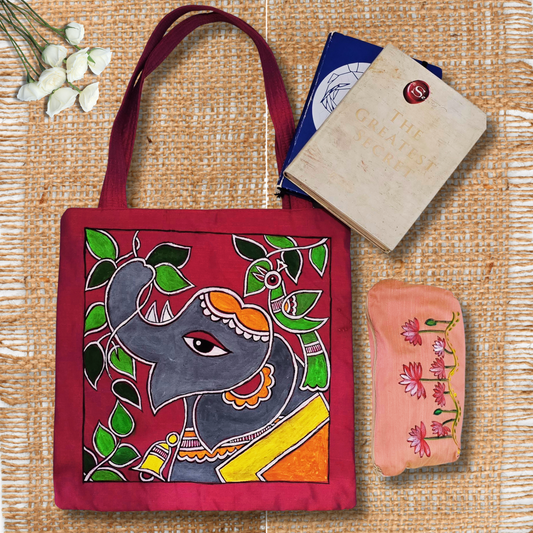 Hand-Painted Elephant Tote Bag – Tikuli Art on Semi Silk Fabric | Eco-Friendly Artisan Tote