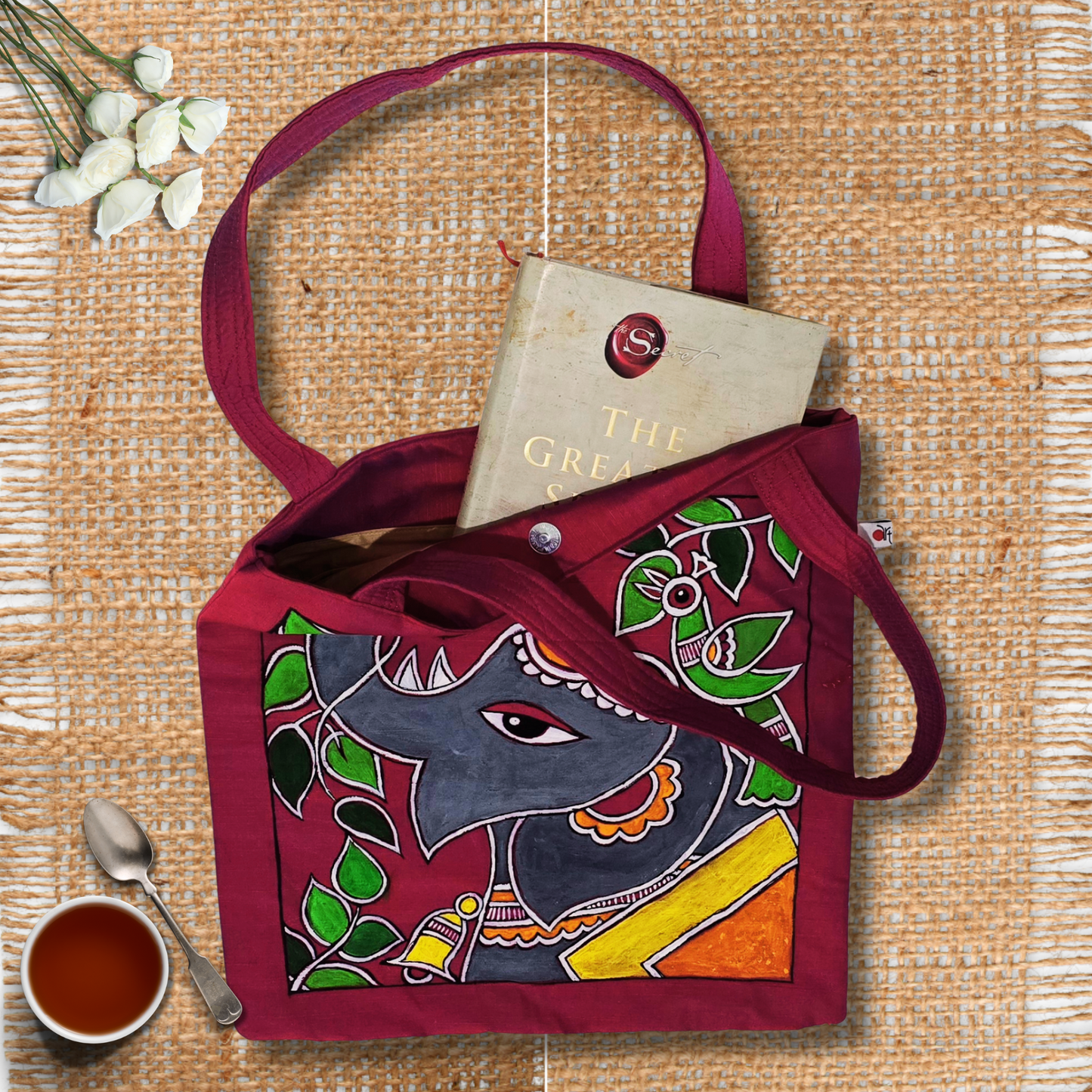 Hand-Painted Elephant Tote Bag – Tikuli Art on Semi Silk Fabric | Eco-Friendly Artisan Tote