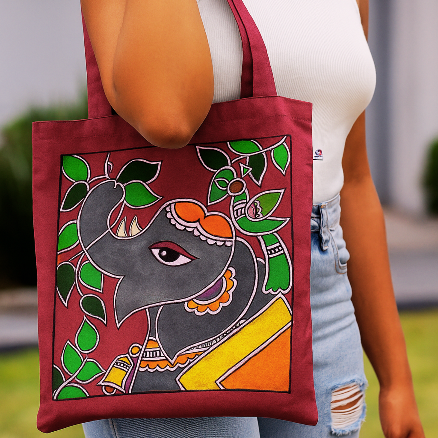 Hand-Painted Elephant Tote Bag – Tikuli Art on Semi Silk Fabric | Eco-Friendly Artisan Tote