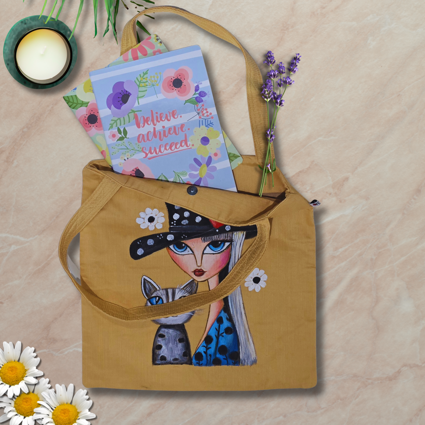 “Handcrafted Tote Bag – Semi Silk Fabric with Girl and Cat Hand-Painted Art | Artisan Eco-Friendly Tote”