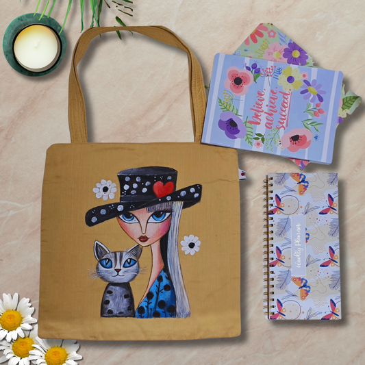 “Handcrafted Tote Bag – Semi Silk Fabric with Girl and Cat Hand-Painted Art | Artisan Eco-Friendly Tote”