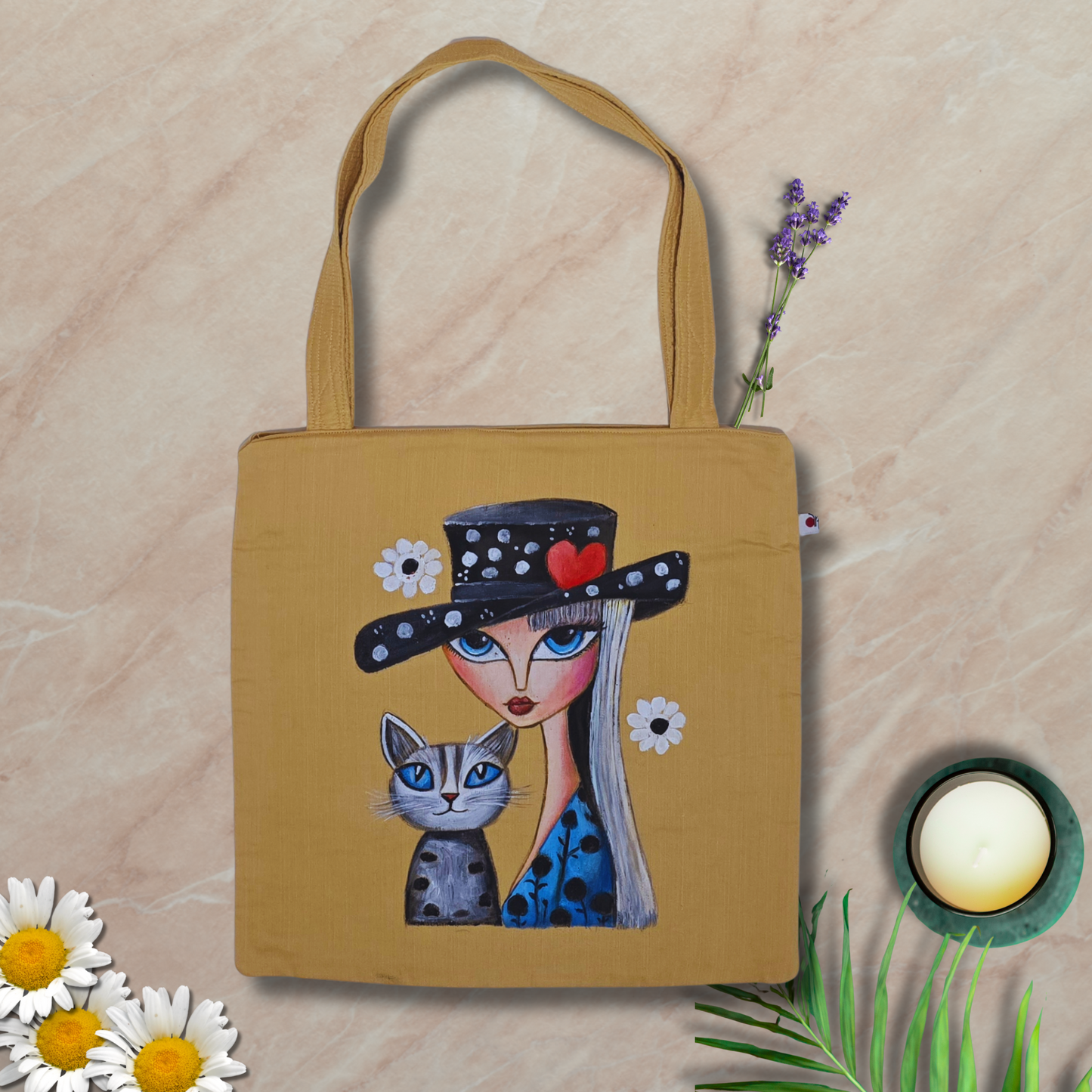 “Handcrafted Tote Bag – Semi Silk Fabric with Girl and Cat Hand-Painted Art | Artisan Eco-Friendly Tote”