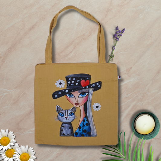 “Handcrafted Tote Bag – Semi Silk Fabric with Girl and Cat Hand-Painted Art | Artisan Eco-Friendly Tote”