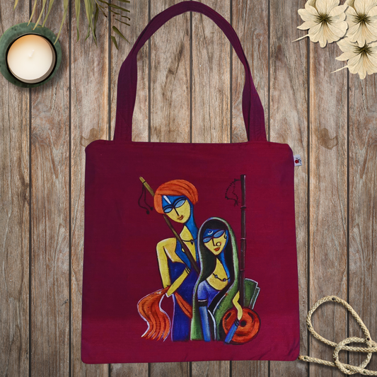 "Radha Krishna Hand-Painted Tote Bag – Artisan Semi Silk Fabric | Eco-Friendly Handcrafted Bag"