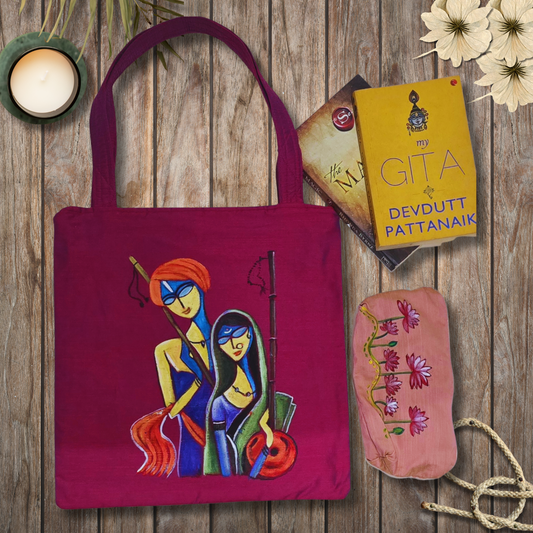 "Radha Krishna Hand-Painted Tote Bag – Artisan Semi Silk Fabric | Eco-Friendly Handcrafted Bag"