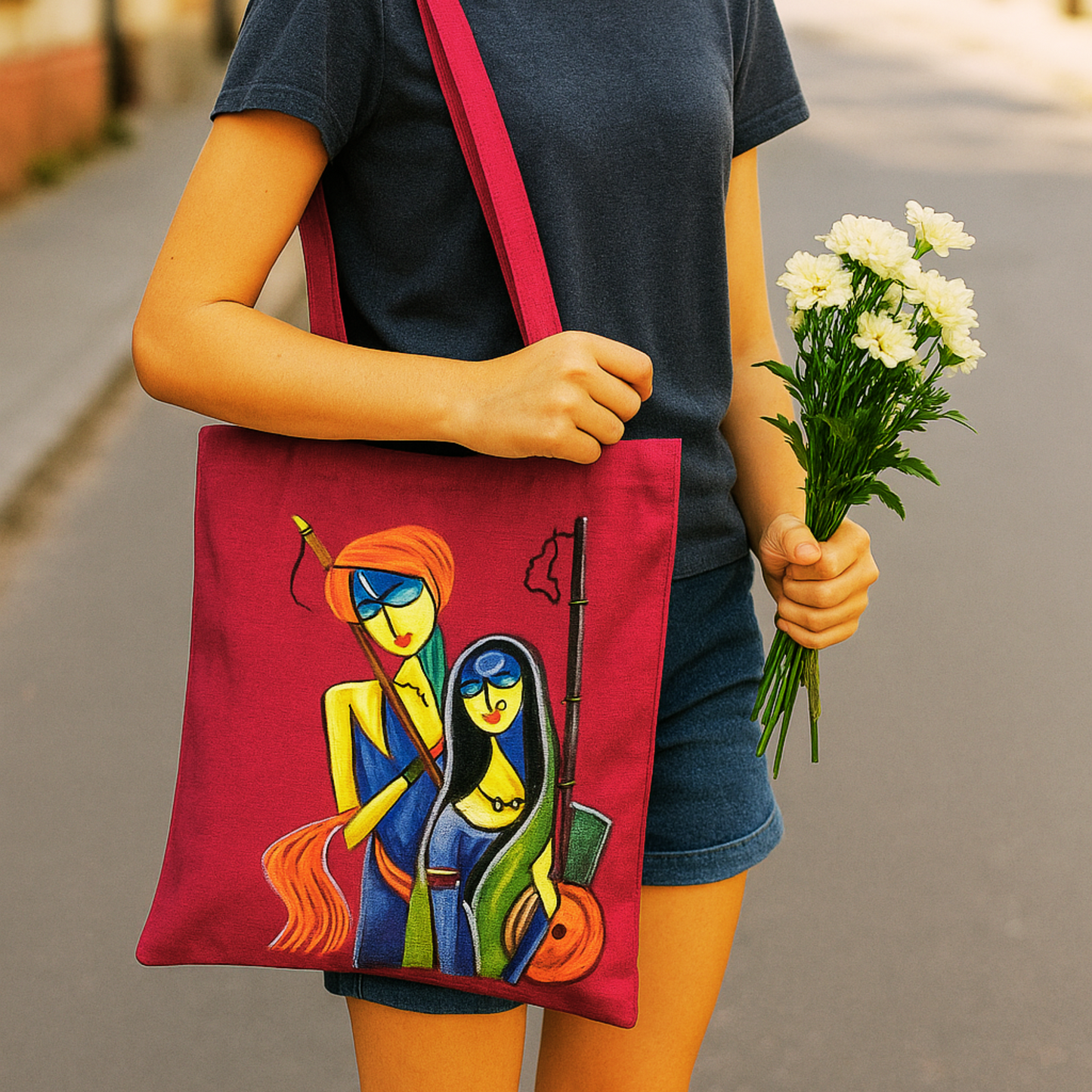 "Radha Krishna Hand-Painted Tote Bag – Artisan Semi Silk Fabric | Eco-Friendly Handcrafted Bag"