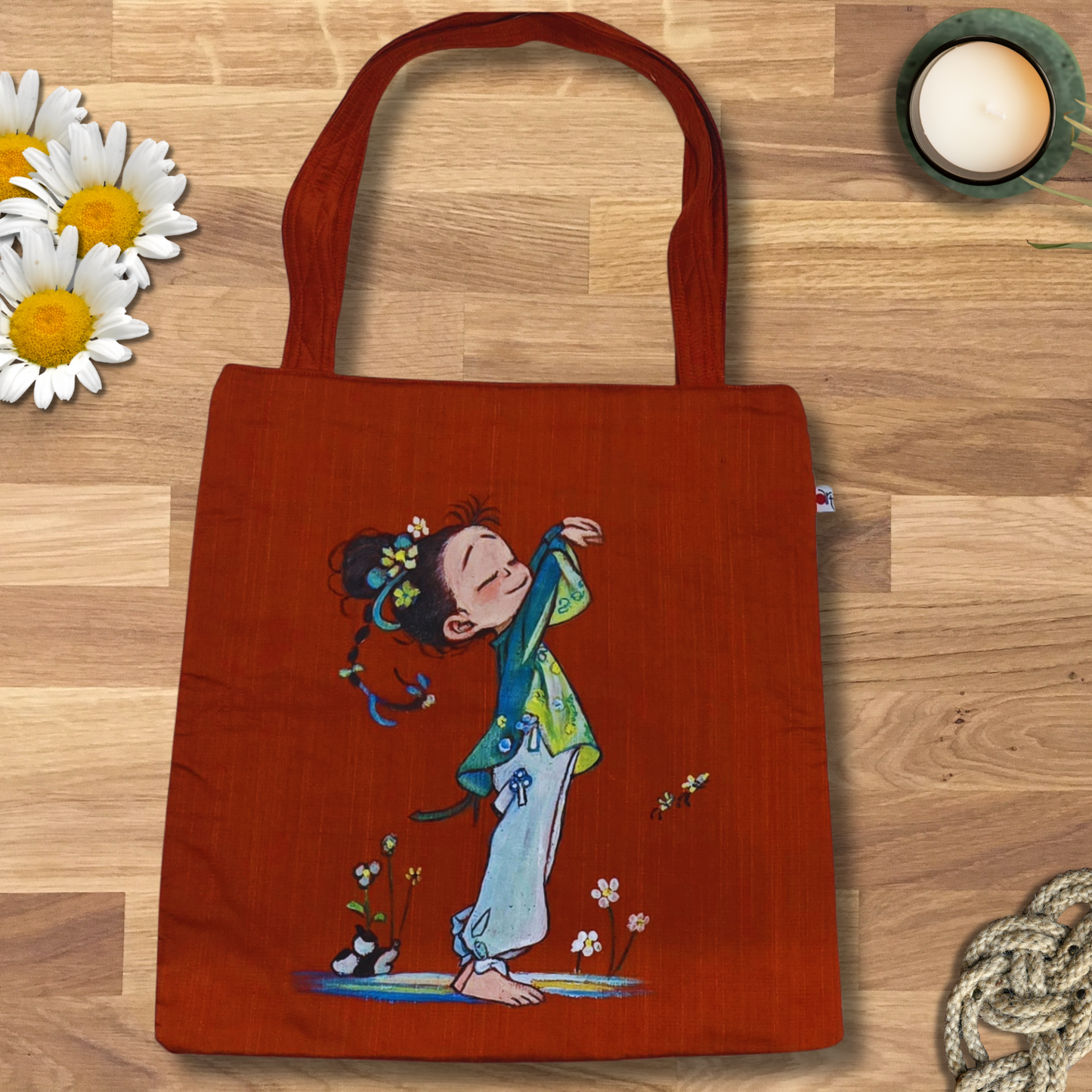 “Kokeshi-Inspired Japanese Doll Hand-Painted Tote Bag | Semi-Silk Fabric, Eco-Friendly Artisan Bag”