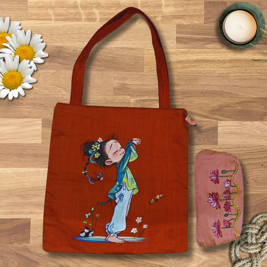“Kokeshi-Inspired Japanese Doll Hand-Painted Tote Bag | Semi-Silk Fabric, Eco-Friendly Artisan Bag”