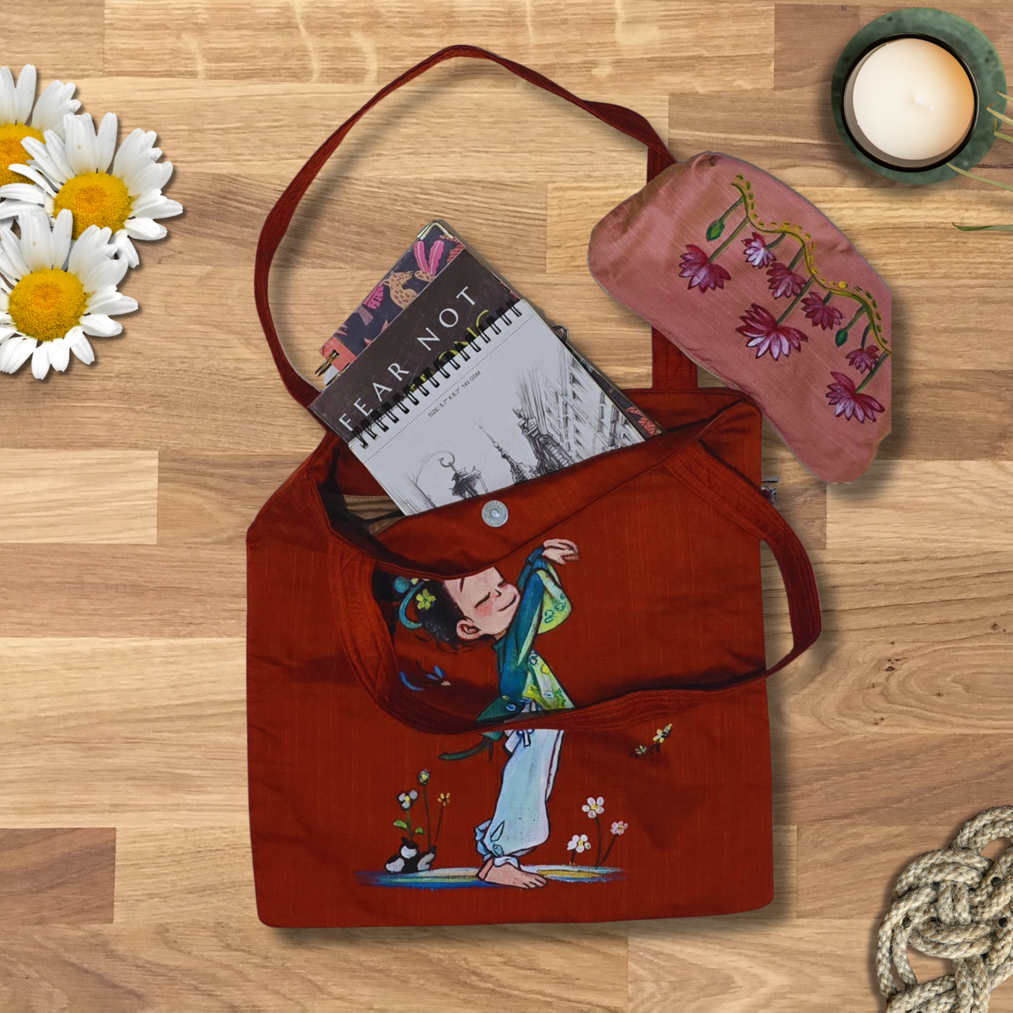 “Kokeshi-Inspired Japanese Doll Hand-Painted Tote Bag | Semi-Silk Fabric, Eco-Friendly Artisan Bag”
