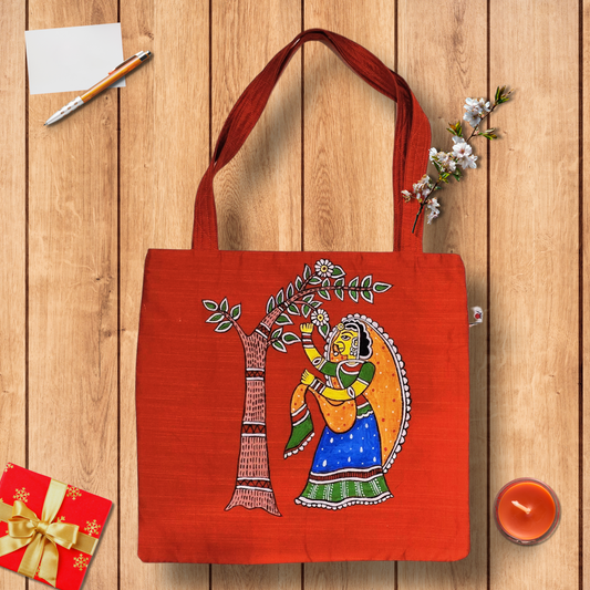 Handcrafted Tote Bag – Semi Silk Fabric with Traditional Tikuli Art Lady Painting | Artisan Hand-Painted Tote”