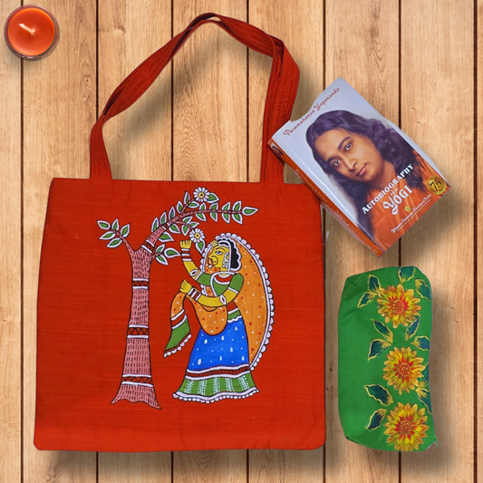 Handcrafted Tote Bag – Semi Silk Fabric with Traditional Tikuli Art Lady Painting | Artisan Hand-Painted Tote”