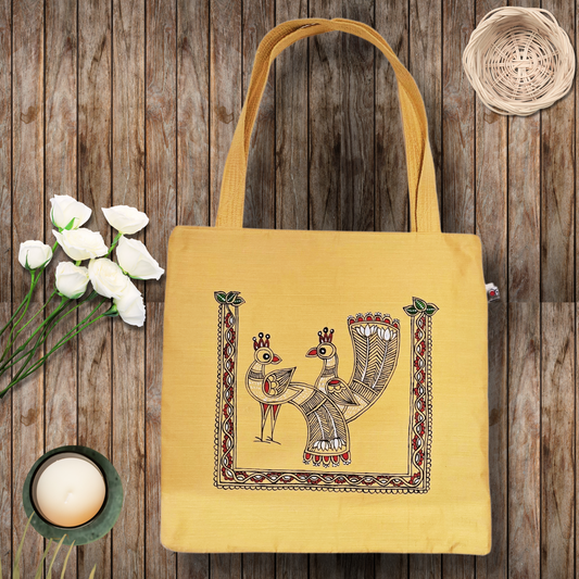 Hand-Painted Tikuli Art Peacock Tote Bag in Semi-Silk Fabric | Traditional Indian Art Bag