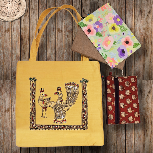 Hand-Painted Tikuli Art Peacock Tote Bag in Semi-Silk Fabric | Traditional Indian Art Bag