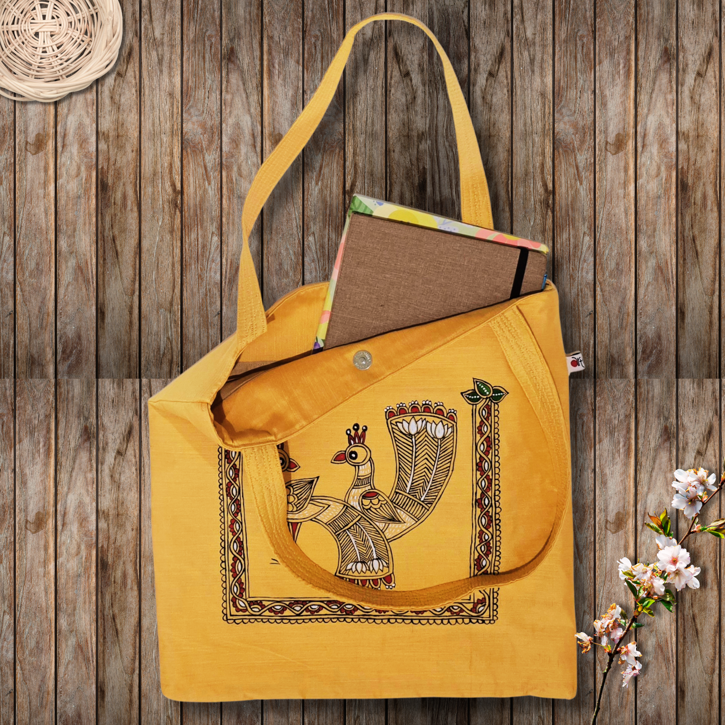 Hand-Painted Tikuli Art Peacock Tote Bag in Semi-Silk Fabric | Traditional Indian Art Bag
