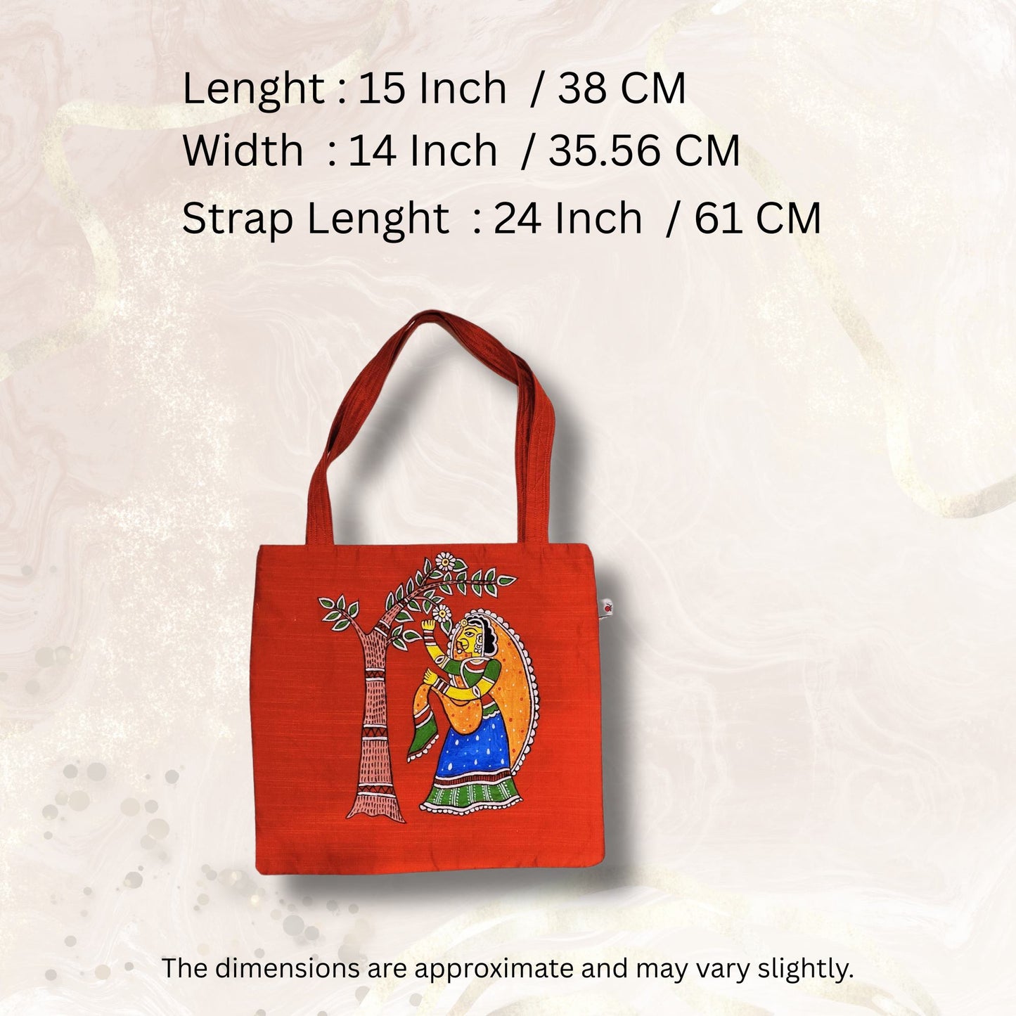 Handcrafted Tote Bag – Semi Silk Fabric with Traditional Tikuli Art Lady Painting | Artisan Hand-Painted Tote”