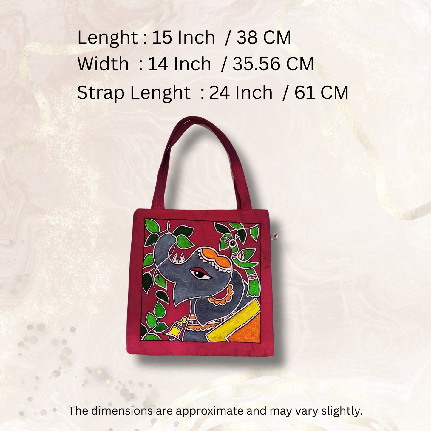 Hand-Painted Elephant Tote Bag – Tikuli Art on Semi Silk Fabric | Eco-Friendly Artisan Tote