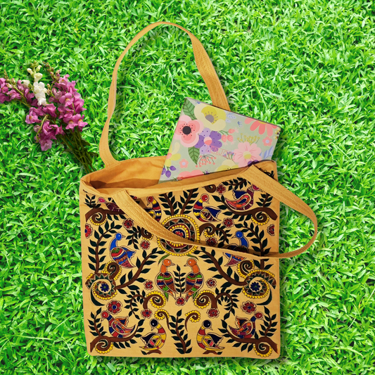 Madhubani Hand-Painted Tote Bag | Semi-Silk Fabric | Traditional Indian Folk Art Bag