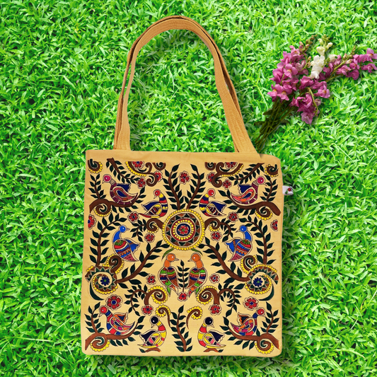 Madhubani Hand-Painted Tote Bag | Semi-Silk Fabric | Traditional Indian Folk Art Bag
